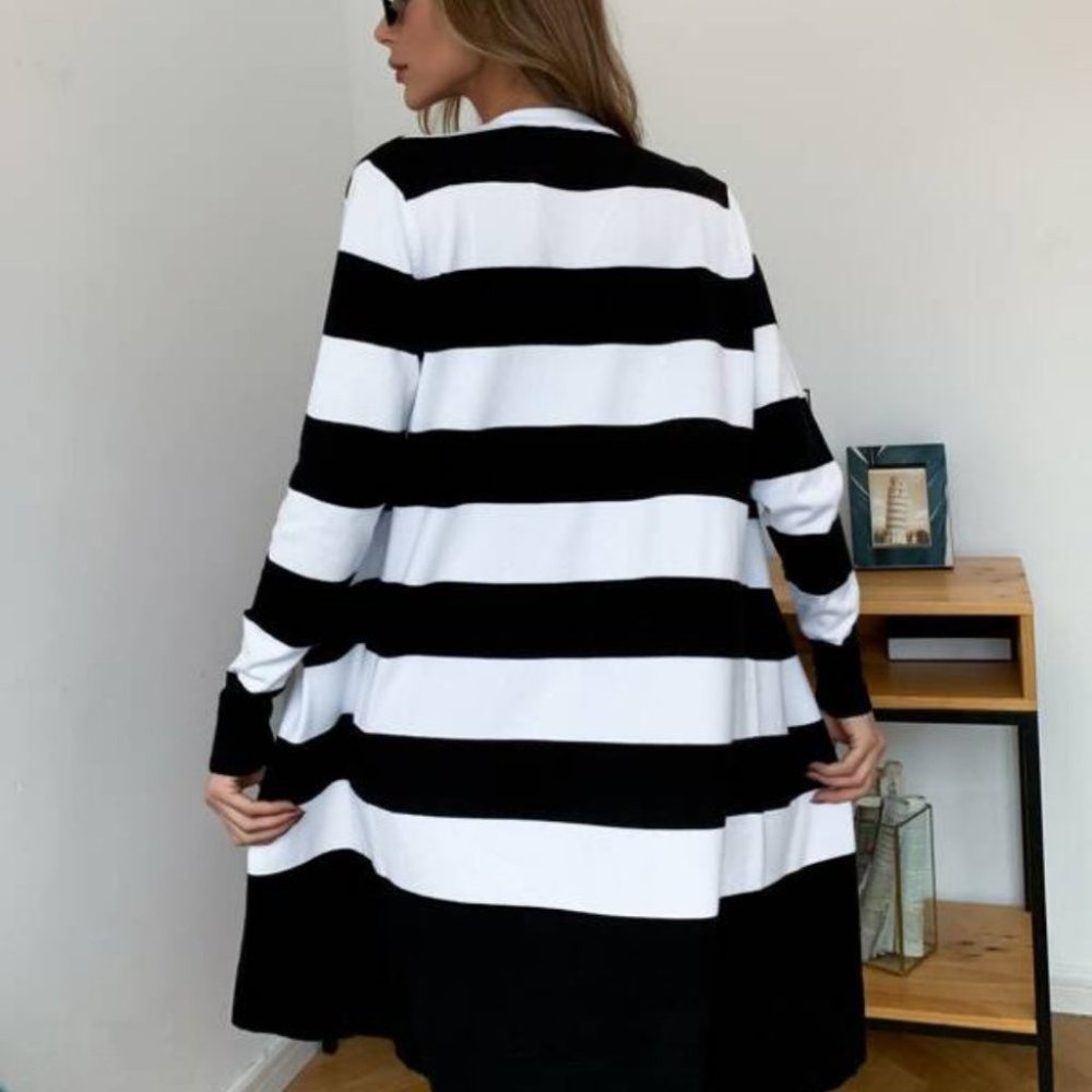 Colorblock stripes open front long Cardigan  Black - Picture 4 of 9
